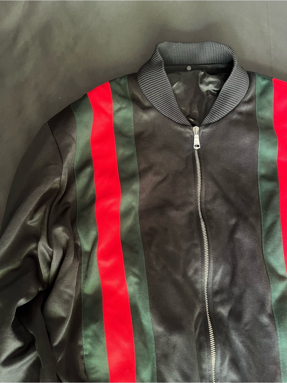 Gucci Black Bomber Jacket with Red and Green Stripes